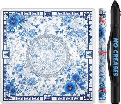 Mahjong Mat Pou Tablo 33" Woule Anbalaj Pou Ameriken Majong Set|Enpèmeyab ki pa -Bwi glise- Diminye Mah Jongg Mat, Ameriken Neoprene Mahjong Mat ak sak pote pou jwèt Komisyon Konsèy (Ble)